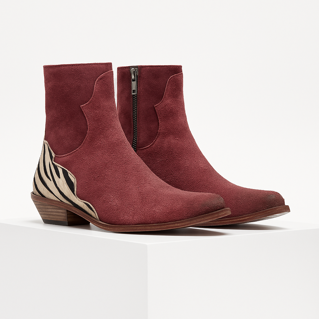 Women's Ankle Boots with Zebra Print Back Panel | Side Zip, Almond Toe, Low Cuban Heel | Sizes 3-8.5, 4 Colors