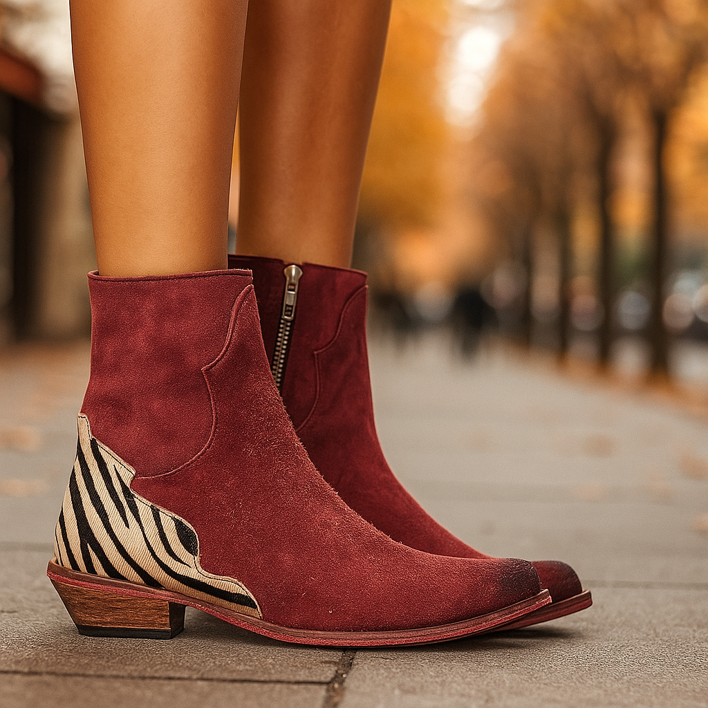 Women's Ankle Boots with Zebra Print Back Panel | Side Zip, Almond Toe, Low Cuban Heel | Sizes 3-8.5, 4 Colors