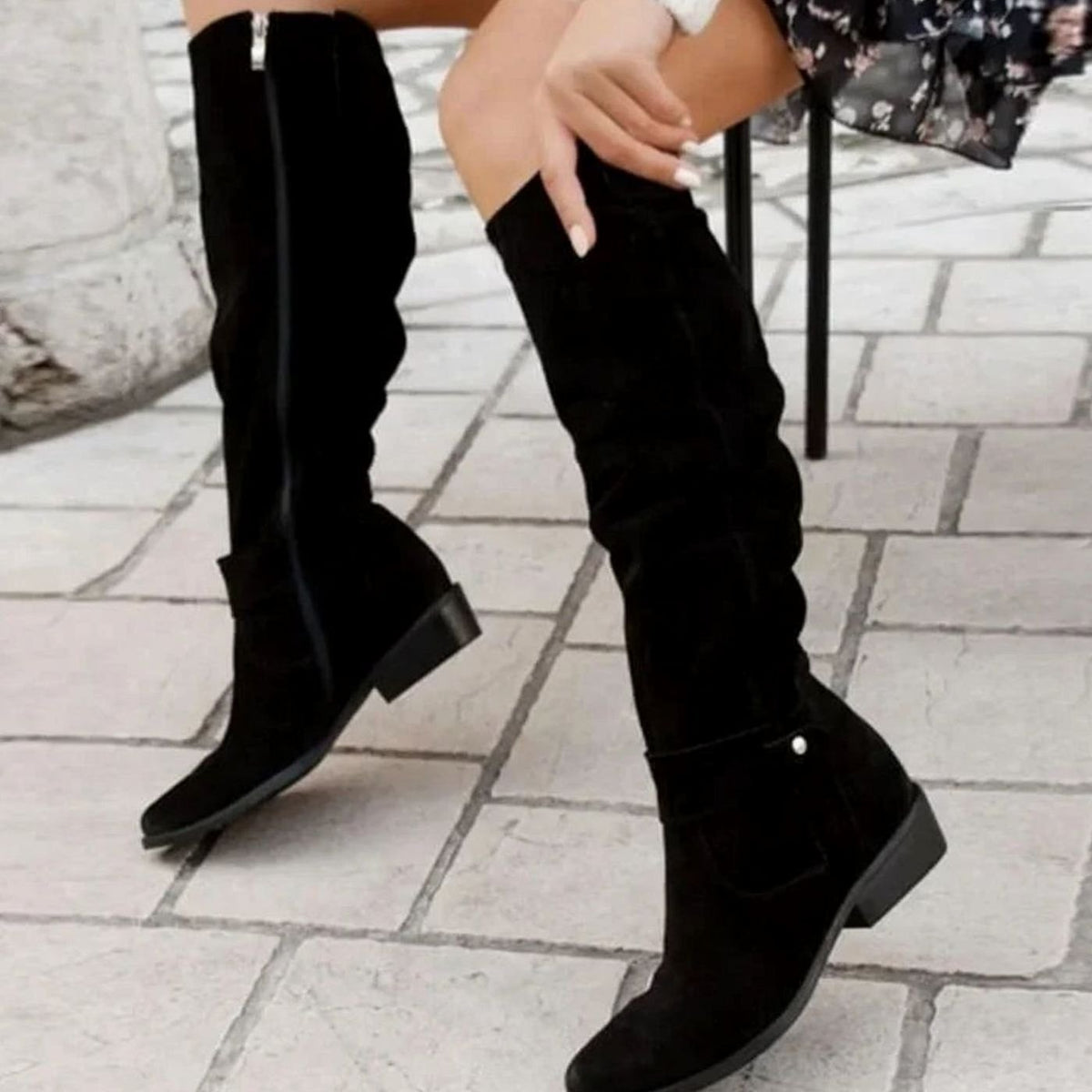 Women's Slouchy Knee High Boots in a Suede Look | Low Block Heel, Ankle Buckle Strap, Cushioned Footbed | Sizes 4-12, 5 Colors