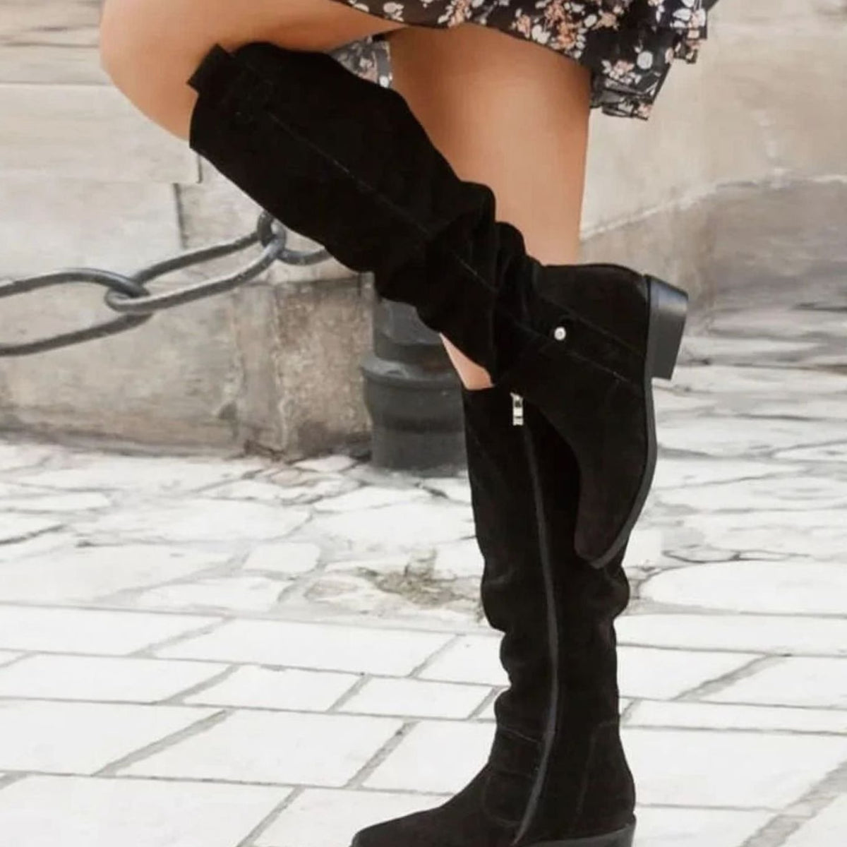 Women's Slouchy Knee High Boots in a Suede Look | Low Block Heel, Ankle Buckle Strap, Cushioned Footbed | Sizes 4-12, 5 Colors