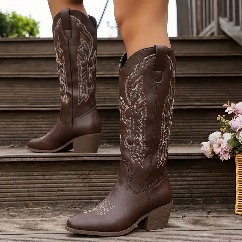 Women's Cowgirl Boots with Scrollwork Embroidery | Stacked Block Heel, Pointed Toe | Sizes 4-8.5, 4 Colors