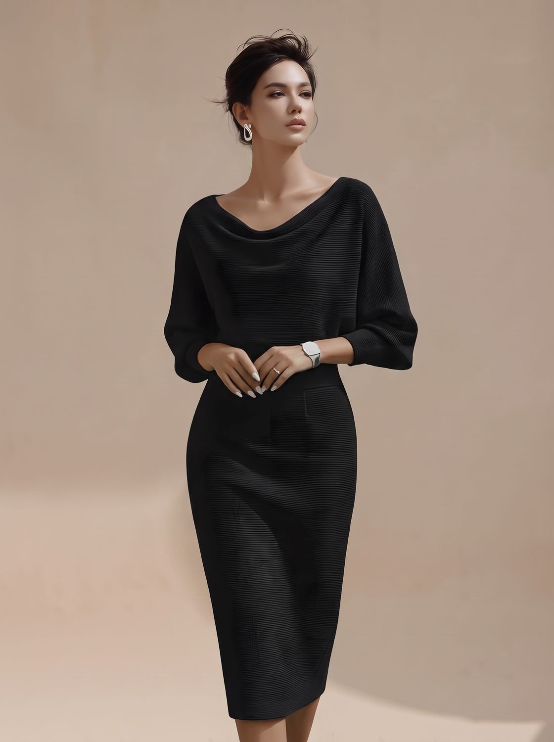 Women's Midi Knit Dress with Draped Cowl Neck | Batwing Sleeves, Fitted Pencil Skirt | Sizes S-3XL, 3 Colors