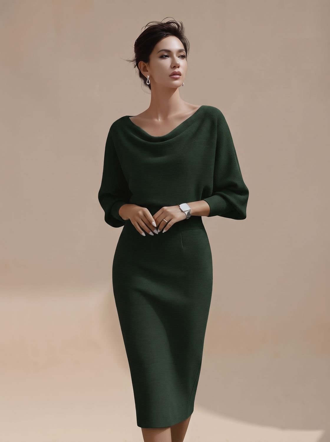 Women's Midi Knit Dress with Draped Cowl Neck | Batwing Sleeves, Fitted Pencil Skirt | Sizes S-3XL, 3 Colors
