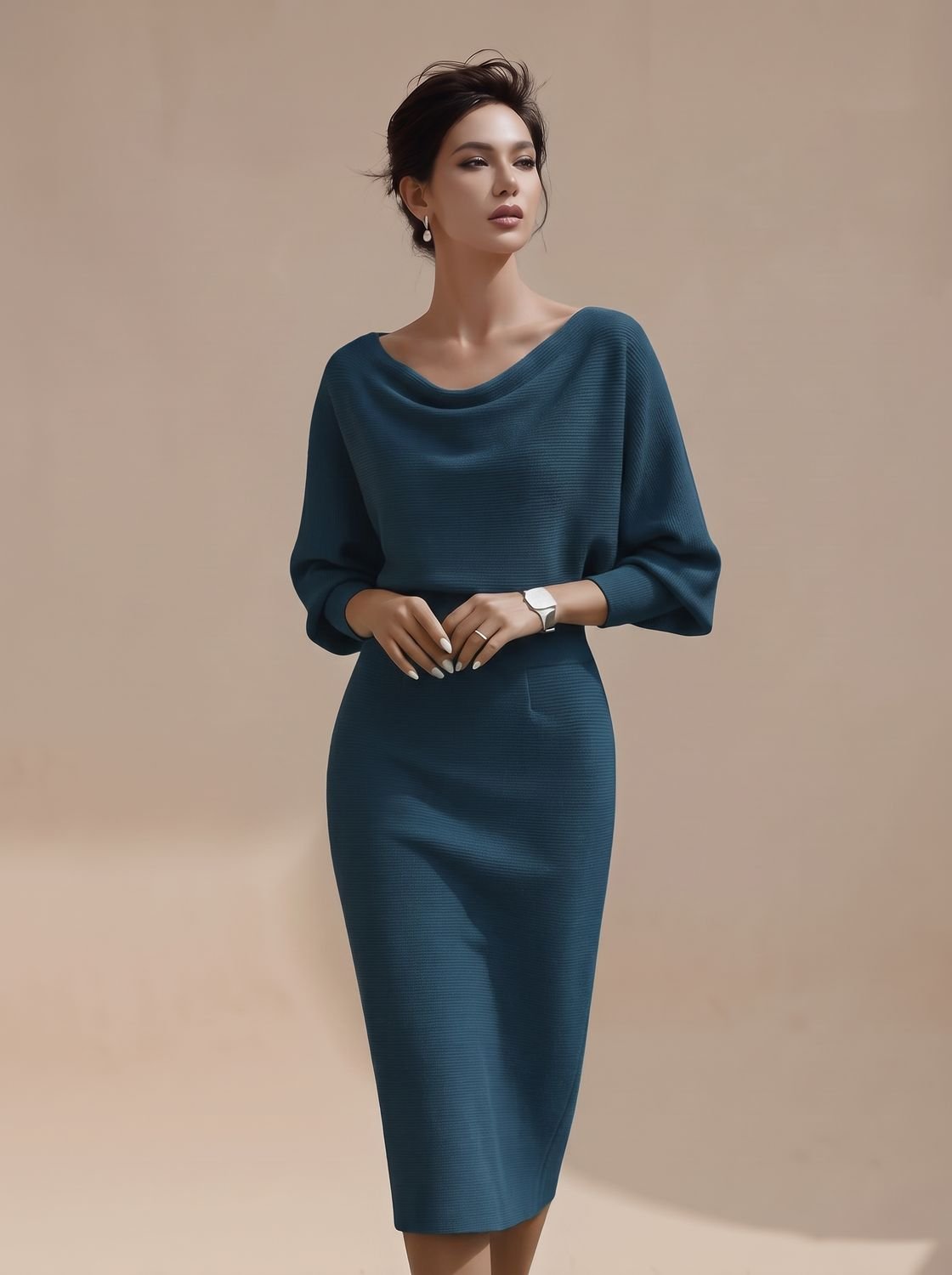 Women's Midi Knit Dress with Draped Cowl Neck | Batwing Sleeves, Fitted Pencil Skirt | Sizes S-3XL, 3 Colors