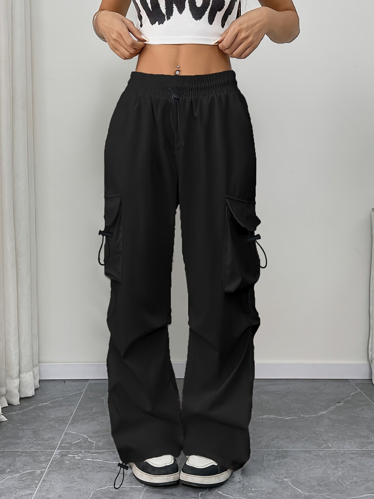 Women's Wide Leg Cargo Pants with Drawstring Elastic Waist | Relaxed Fit Trousers with Side Pockets | Size S-XL