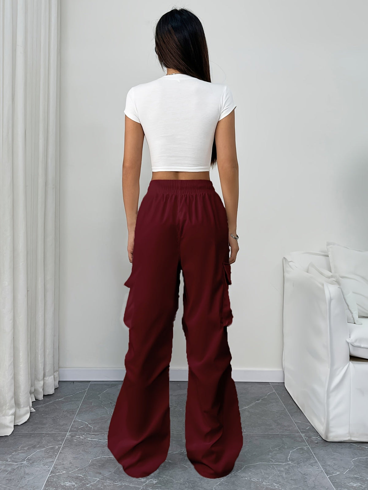 Women's Wide Leg Cargo Pants with Drawstring Elastic Waist | Relaxed Fit Trousers with Side Pockets | Size S-XL