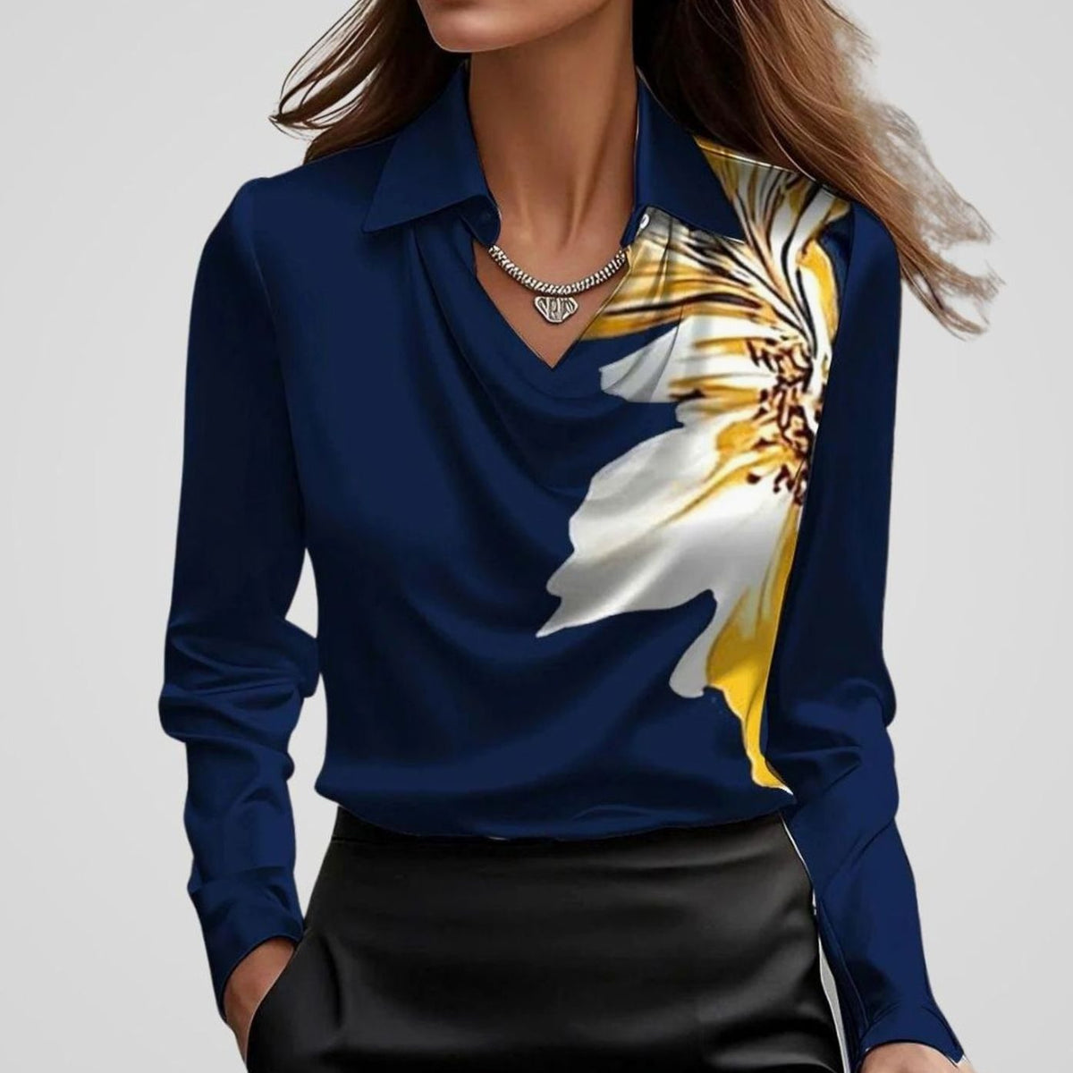 Women's Satin Blouse with Draped Cowl Neckline | Long Sleeve, Pointed Collar | Sizes XS to 2XL, Multiple Colors