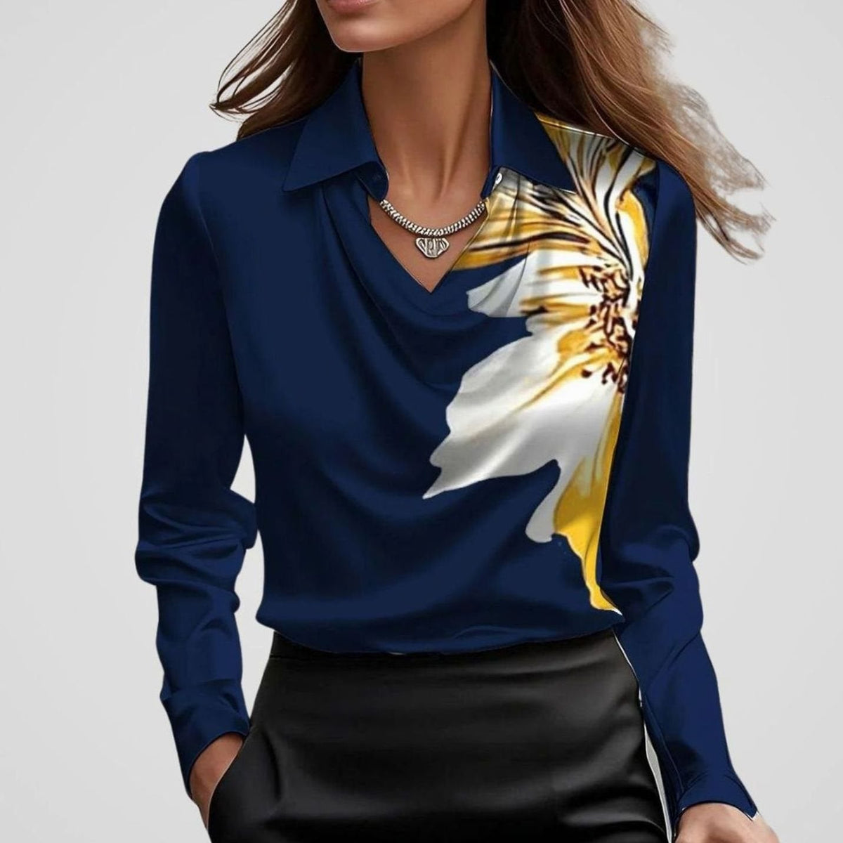 Women's Satin Blouse with Draped Cowl Neckline | Long Sleeve, Pointed Collar | Sizes XS to 2XL, Multiple Colors