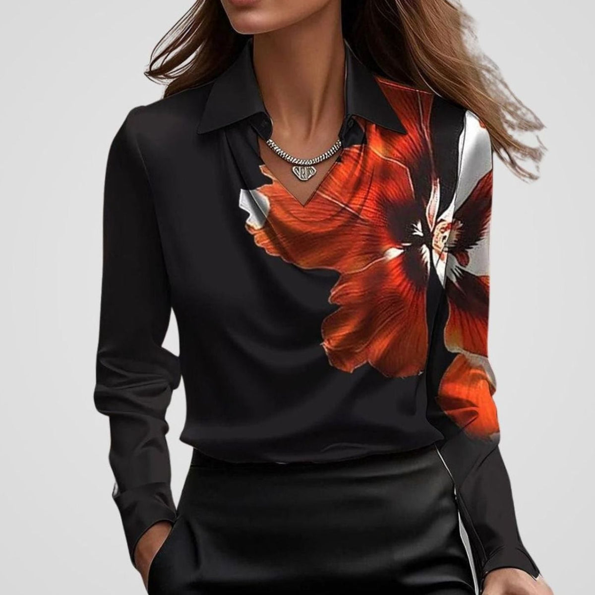 Women's Satin Blouse with Draped Cowl Neckline | Long Sleeve, Pointed Collar | Sizes XS to 2XL, Multiple Colors