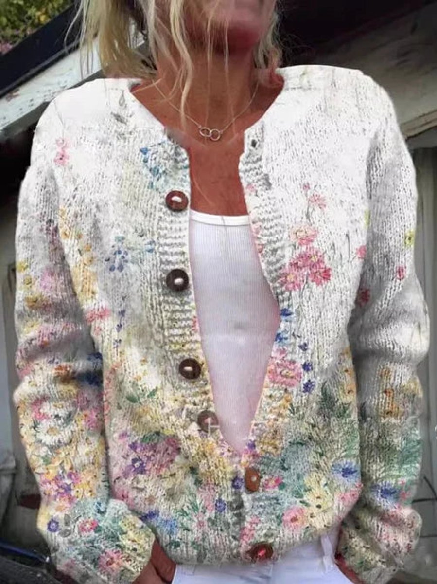 Women's Floral Embroidered Cardigan Sweater with Button Front | Relaxed Knit Layer in Romantic Style | Size S-5XL