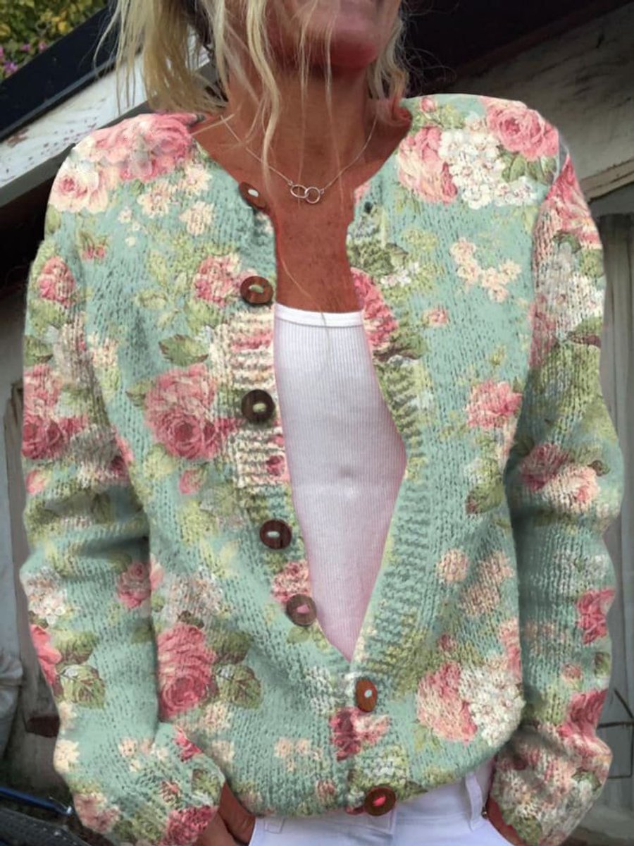 Women's Floral Embroidered Cardigan Sweater with Button Front | Relaxed Knit Layer in Romantic Style | Size S-5XL