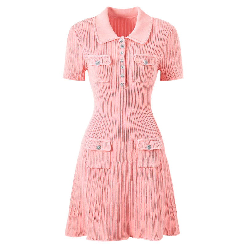 Women's Mini Knit Dress with Polo Collar and Flap Pockets | Ribbed Fit and Flare Shape, Short Sleeves | 4 Colors