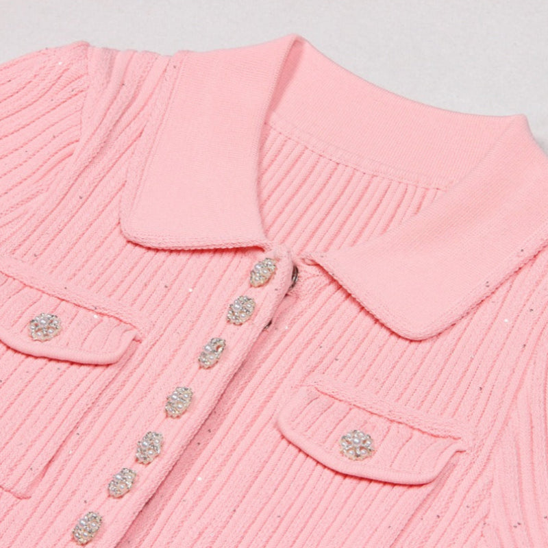 Women's Mini Knit Dress with Polo Collar and Flap Pockets | Ribbed Fit and Flare Shape, Short Sleeves | 4 Colors