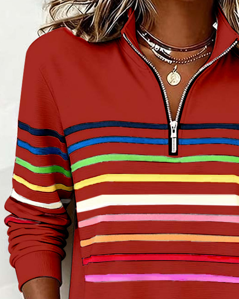 Women's Striped Quarter Zip Pullover Sweater with Stand Collar | Casual Fall Knit with Ribbed Cuffs and Hem | Size S-3XL