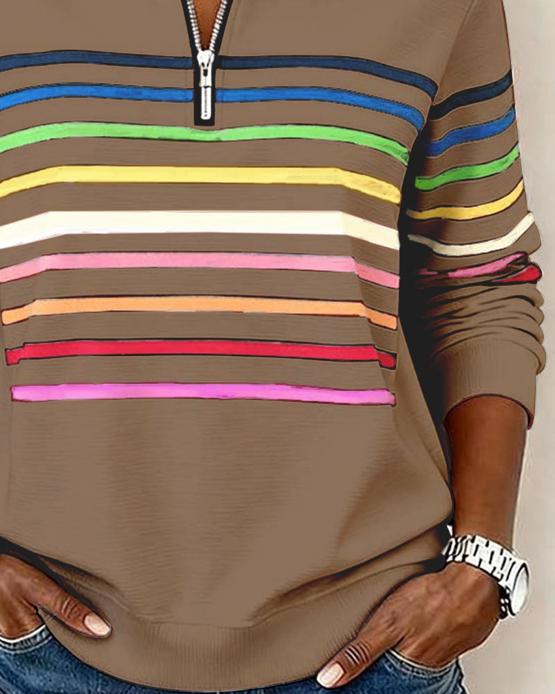 Women's Striped Quarter Zip Pullover Sweater with Stand Collar | Casual Fall Knit with Ribbed Cuffs and Hem | Size S-3XL