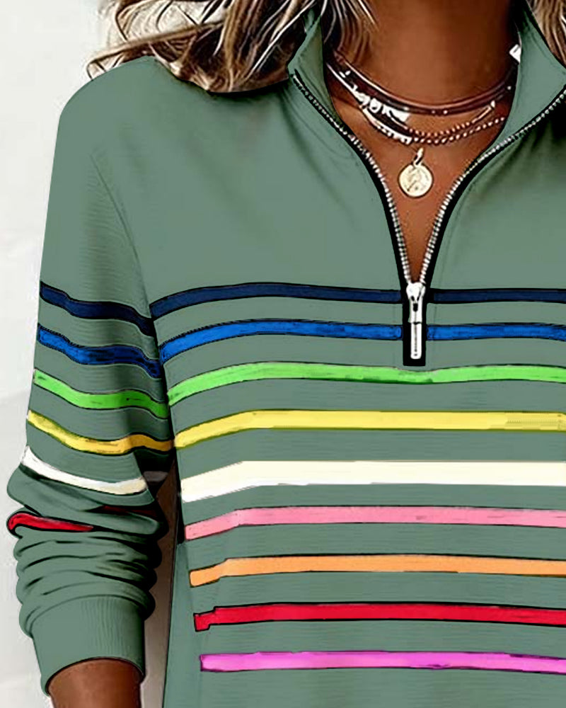 Women's Striped Quarter Zip Pullover Sweater with Stand Collar | Casual Fall Knit with Ribbed Cuffs and Hem | Size S-3XL