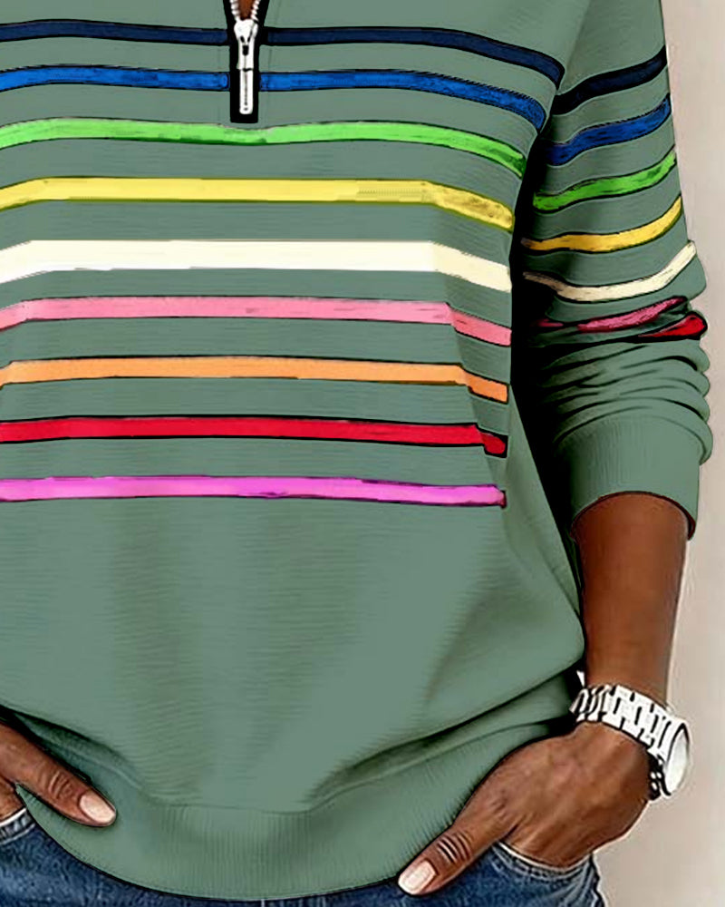 Women's Striped Quarter Zip Pullover Sweater with Stand Collar | Casual Fall Knit with Ribbed Cuffs and Hem | Size S-3XL