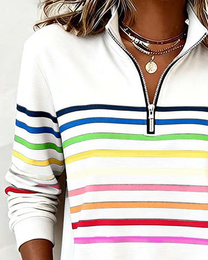 Women's Striped Quarter Zip Pullover Sweater with Stand Collar | Casual Fall Knit with Ribbed Cuffs and Hem | Size S-3XL
