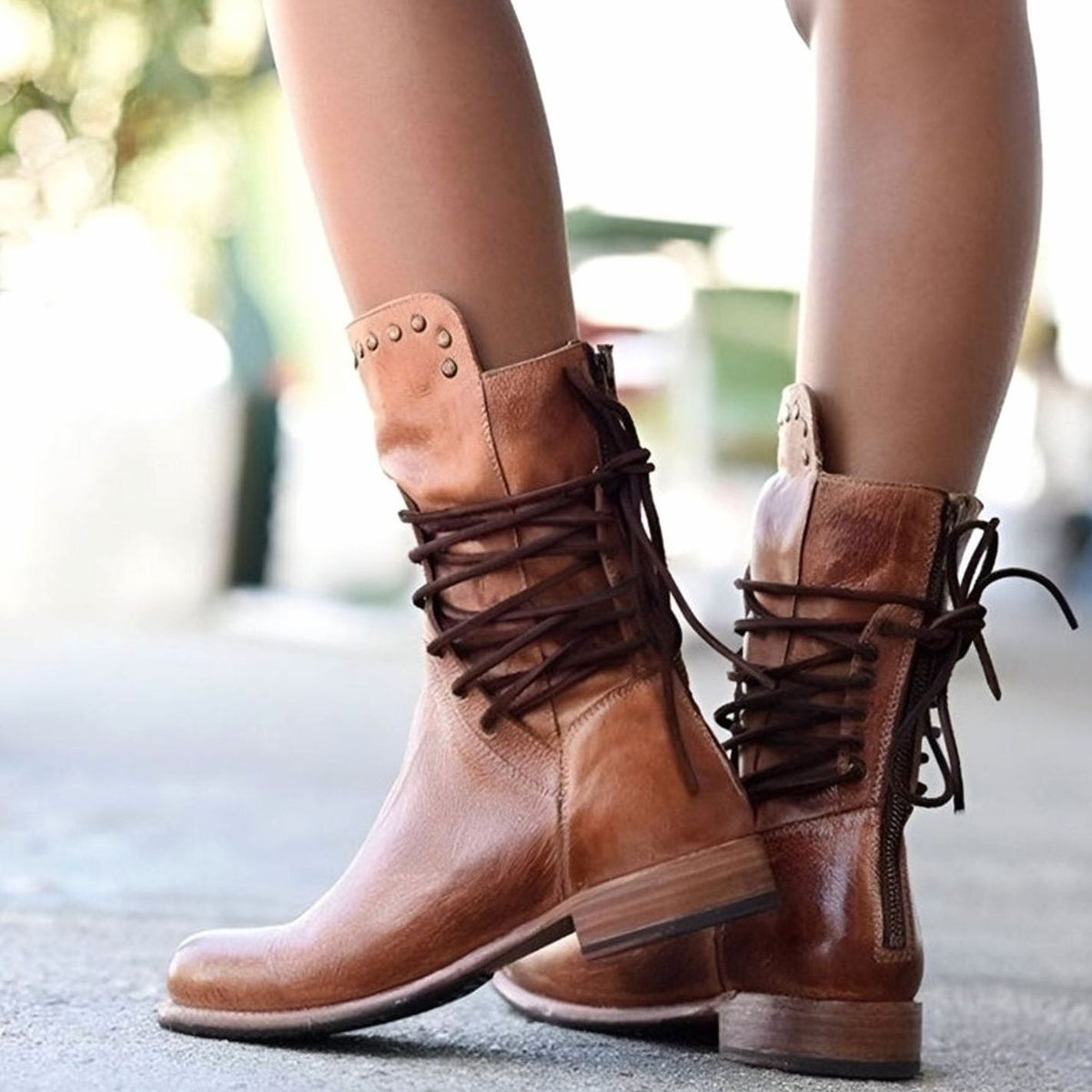 Women's Block Heel Boots in a Leather Look | Back Lacing, Studded Cuff, Side Zip Entry | 3 Colors