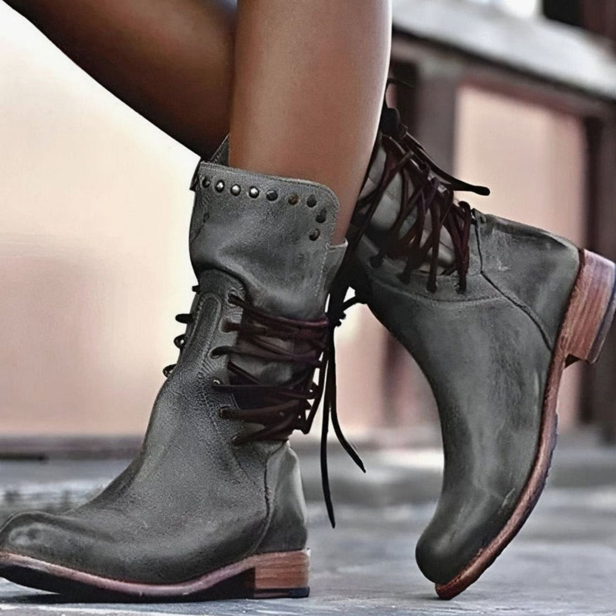 Women's Block Heel Boots in a Leather Look | Back Lacing, Studded Cuff, Side Zip Entry | 3 Colors