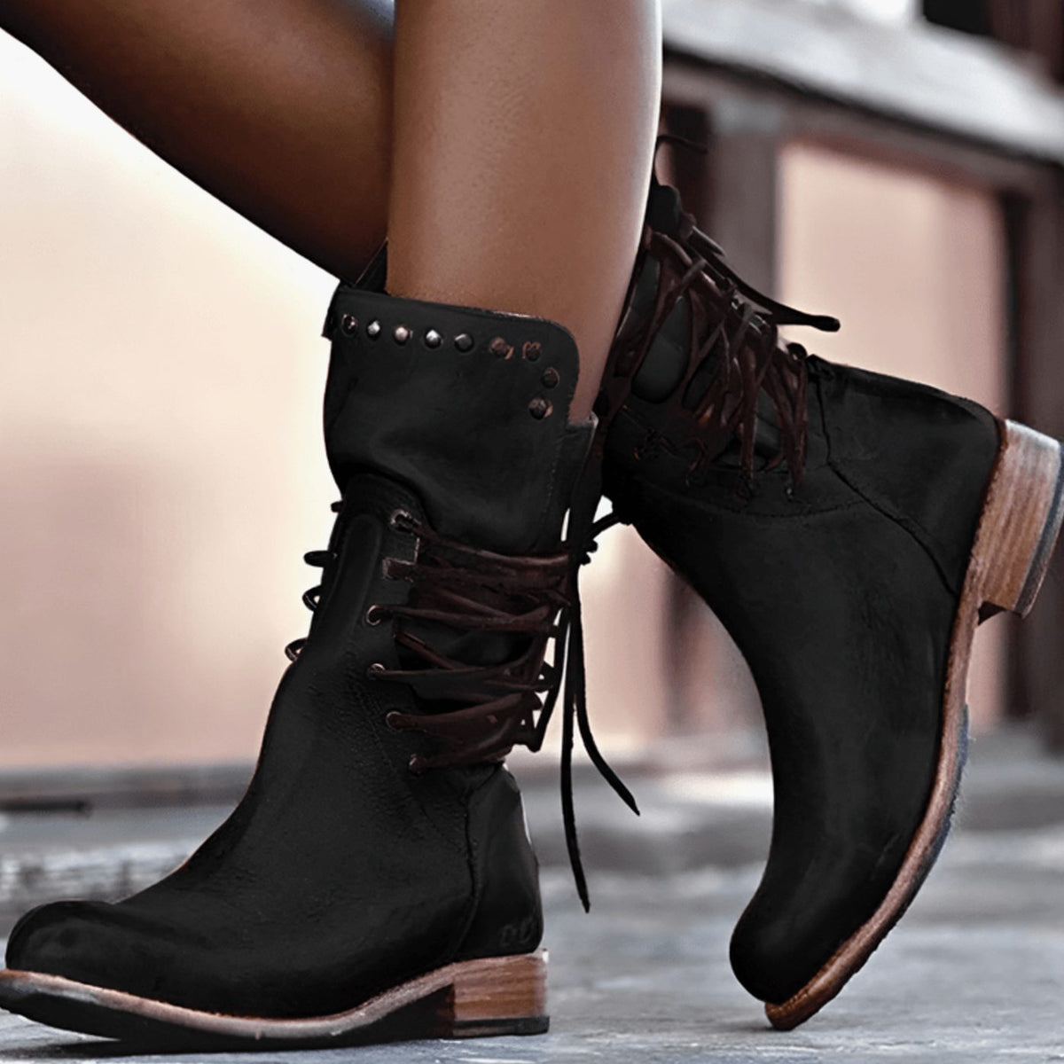 Women's Block Heel Boots in a Leather Look | Back Lacing, Studded Cuff, Side Zip Entry | 3 Colors