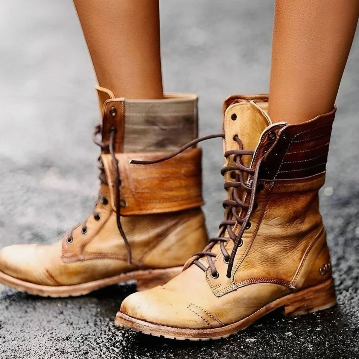 Women's Lace Up Combat Boots with a Foldover Cuff | Distressed Faux Leather, Cushioned Insole | Sizes 4-12, 3 Colors