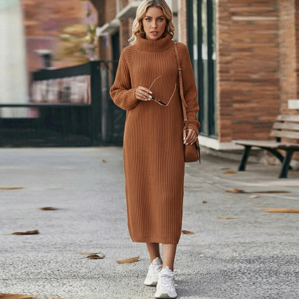 Women's Long Knit Dress with Roll Neck | Chunky Ribbed Texture, Oversized Fit, Side Slit Hem | Sizes S-XL, 2 Colors