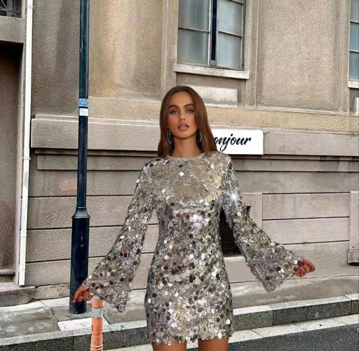Women's Long Sleeve Sequin Mini Dress with Round Neckline | Oversized Discs, Flared Cuffs | Sizes S to XL, Silver