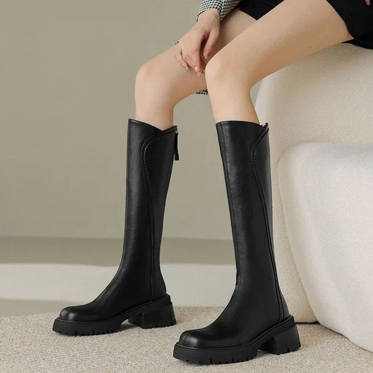Women's Knee High Boots in Leather | Back Zip Closure, Lug Sole and Tall Streamlined Shaft | 2 Colors