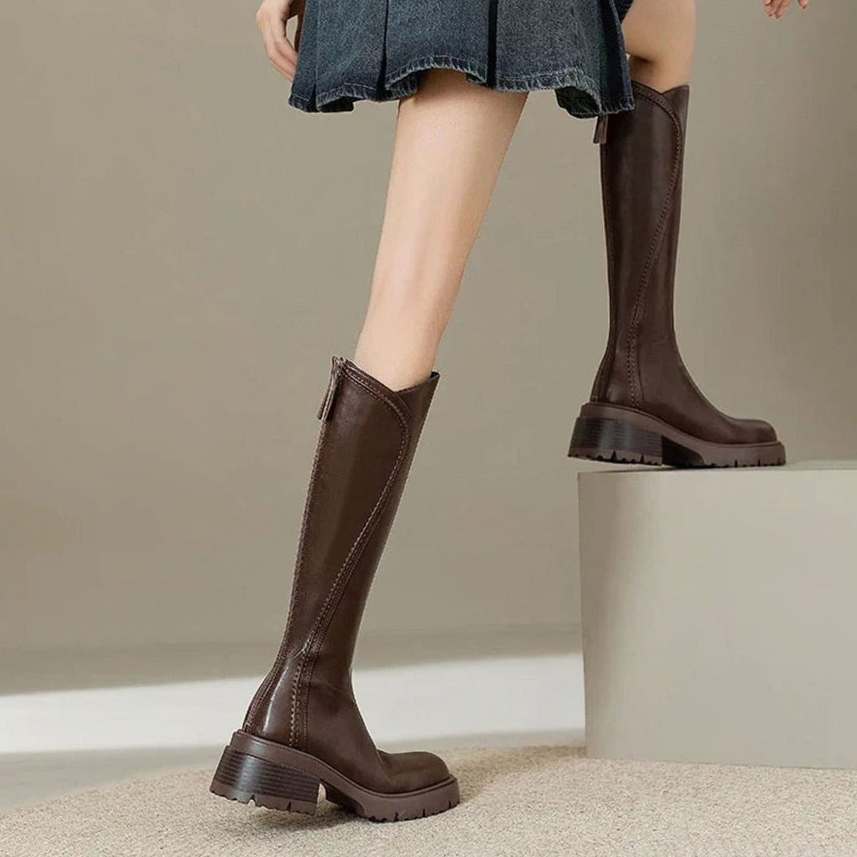 Women's Knee High Boots in Leather | Back Zip Closure, Lug Sole and Tall Streamlined Shaft | 2 Colors