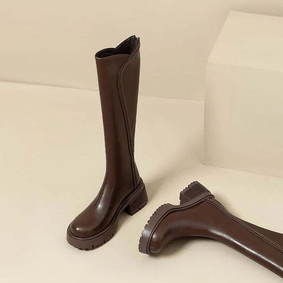 Women's Knee High Boots in Leather | Back Zip Closure, Lug Sole and Tall Streamlined Shaft | 2 Colors