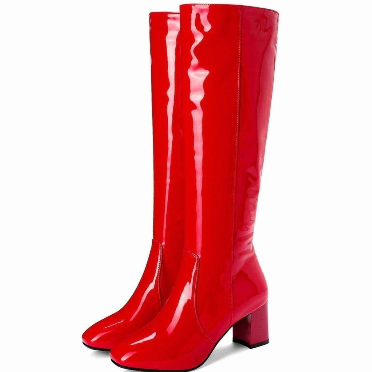 Women's Patent Leather Boots with a Glossy Knee High Shaft | Mirror Shine Upper, Block Heel, Side Zip | 3 Colors