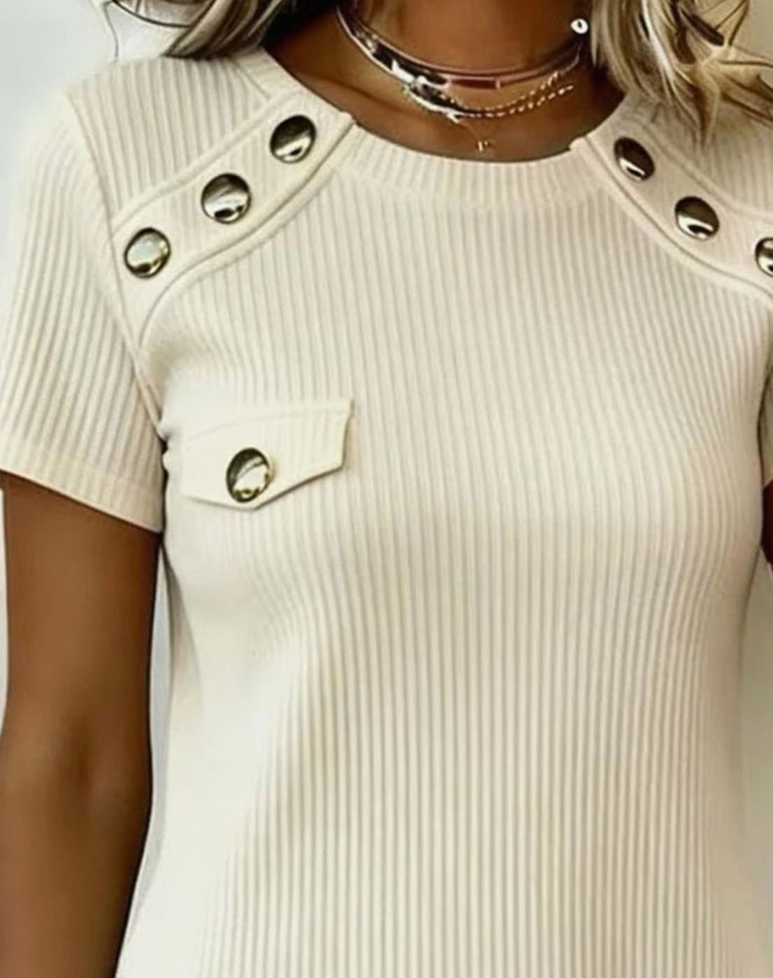 Women's Ribbed Knit Dress with Metal Eyelet Trim | Short Sleeves, Round Neck, Above the Knee | Sizes S-3XL in Beige
