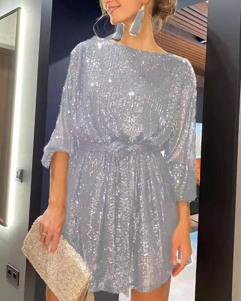 Women's Sequin Long Sleeve Mini Dress with Tie Belt | Boat Neckline, Blouson Bodice | Sizes XS to 3XL, 5 Colors