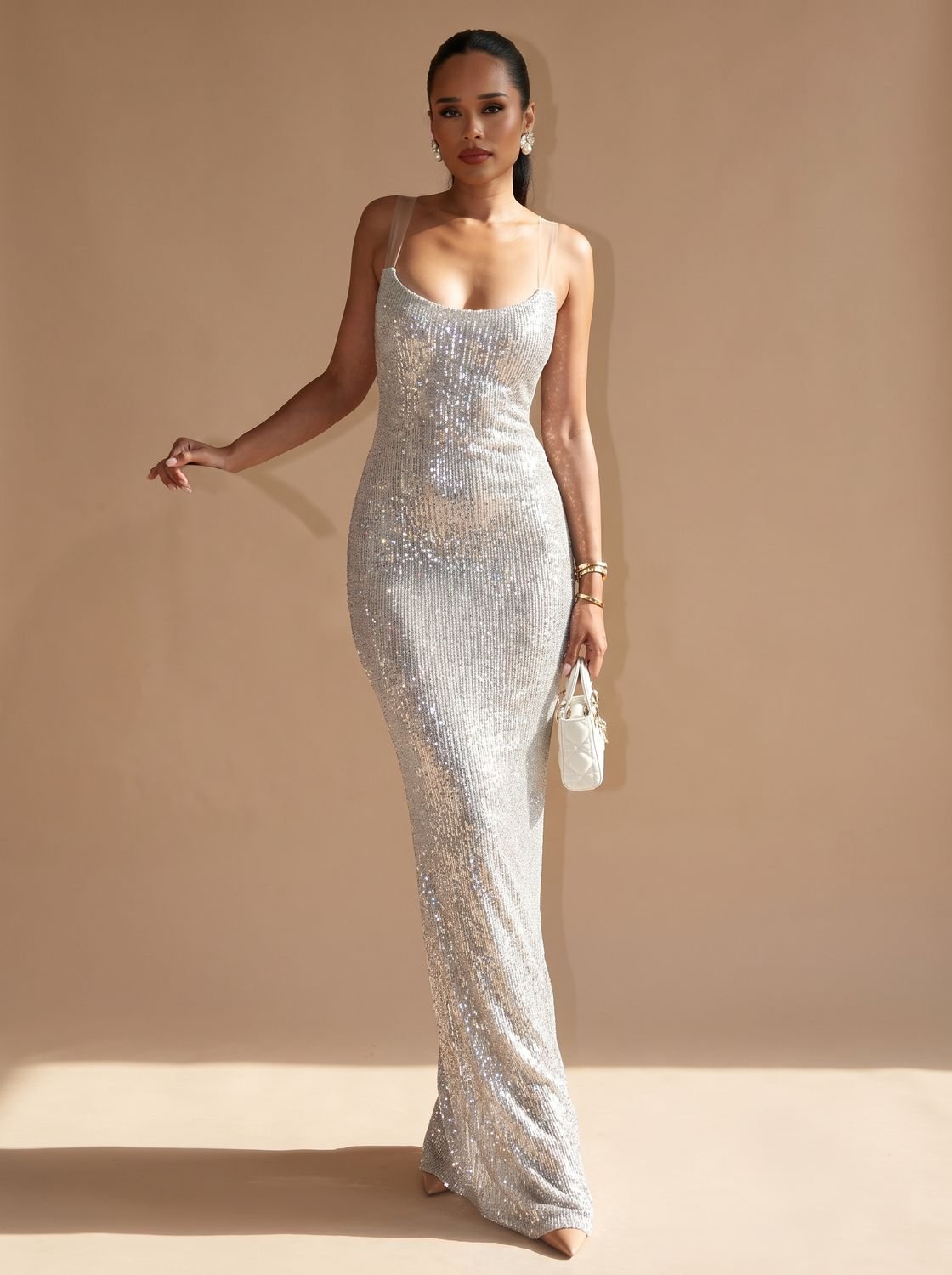 Women's Sequin Maxi Dress with Square Neckline | Thin Straps, Bodycon Floor Length Cut | Sizes S to L, Silver
