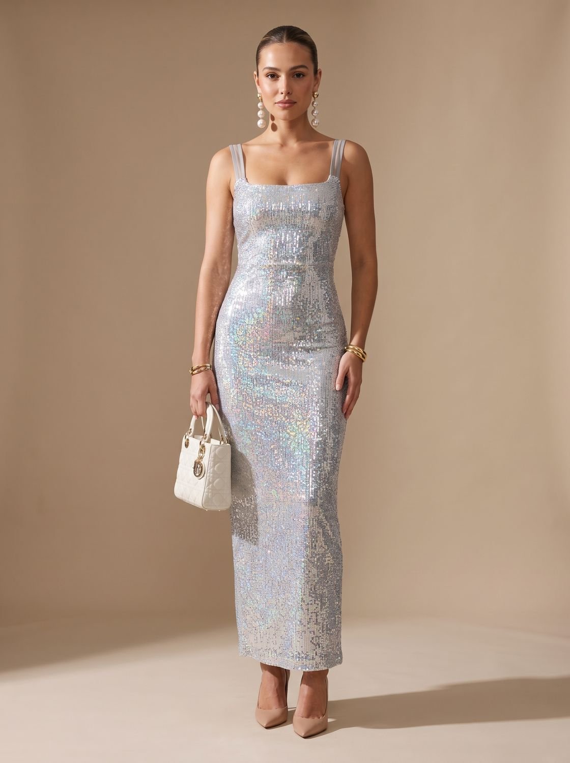 Women's Sequin Maxi Dress with Square Neckline | Thin Straps, Bodycon Floor Length Cut | Sizes S to L, Silver