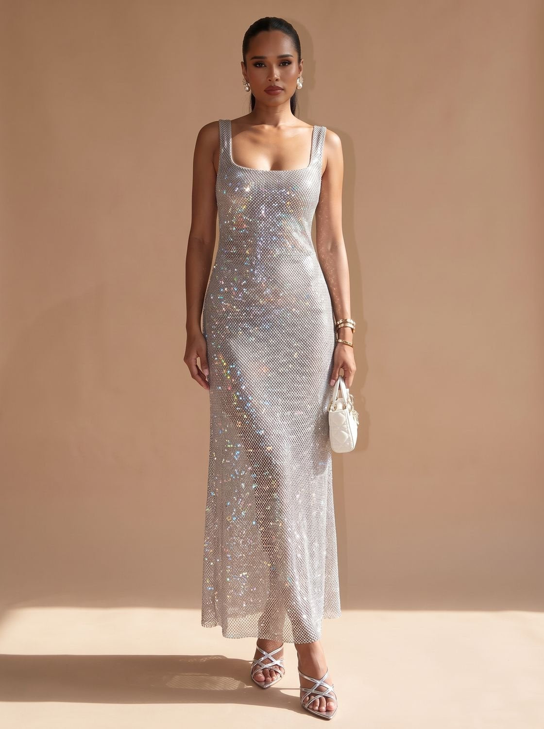 Women's Sequin Maxi Dress with Square Neckline | Thin Straps, Bodycon Floor Length Cut | Sizes S to L, Silver