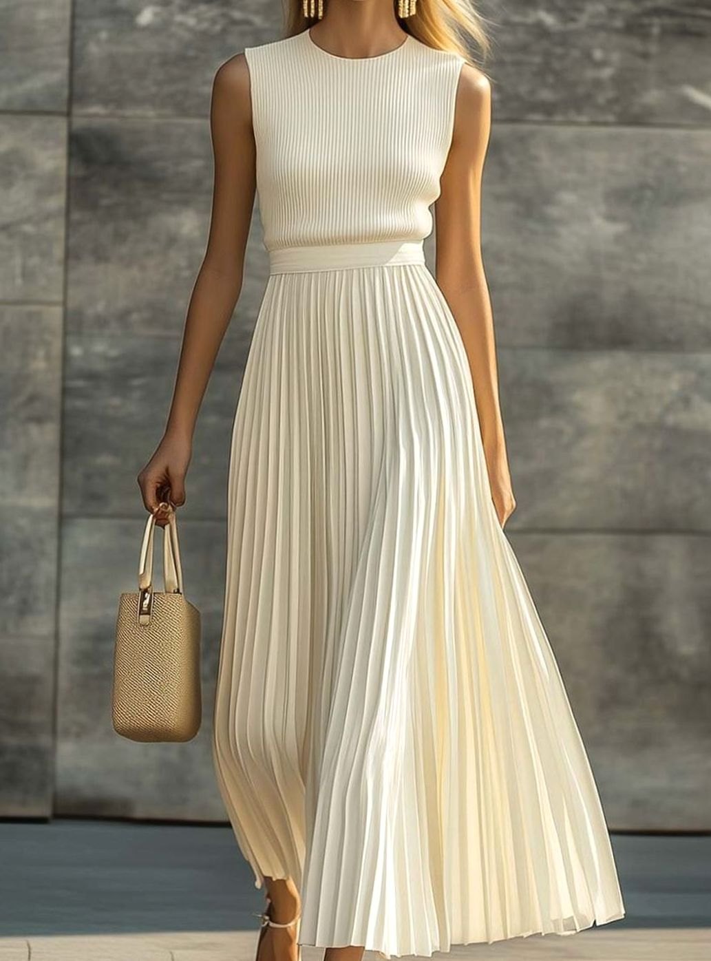 Women's Cream Maxi Dress with Full Pleated Skirt | Ribbed Knit Bodice, Round Neck, Sleeveless | Sizes XS-2XL