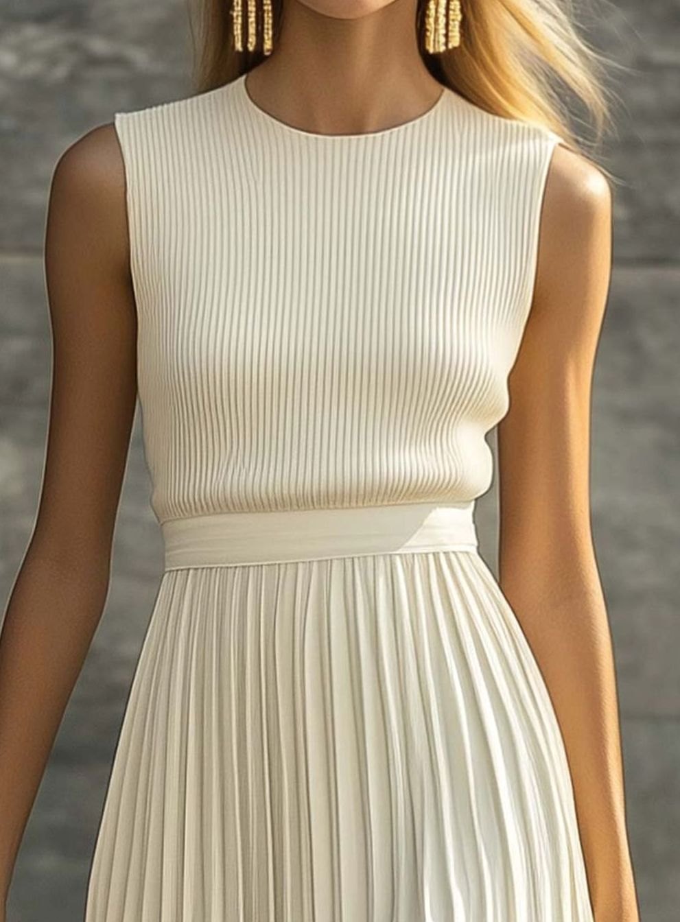 Women's Cream Maxi Dress with Full Pleated Skirt | Ribbed Knit Bodice, Round Neck, Sleeveless | Sizes XS-2XL