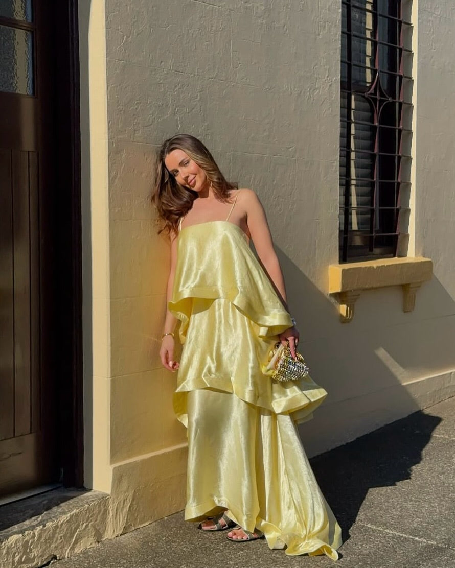 Women's Tiered Satin Maxi Dress with Ruffle Edges | Spaghetti Straps, Open Back, Asymmetric Hem | Sizes S to 2XL, 3 Colors