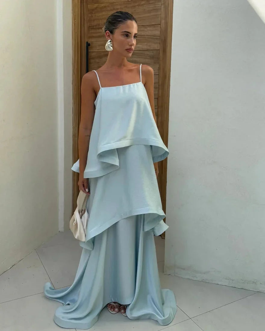 Women's Tiered Satin Maxi Dress with Ruffle Edges | Spaghetti Straps, Open Back, Asymmetric Hem | Sizes S to 2XL, 3 Colors