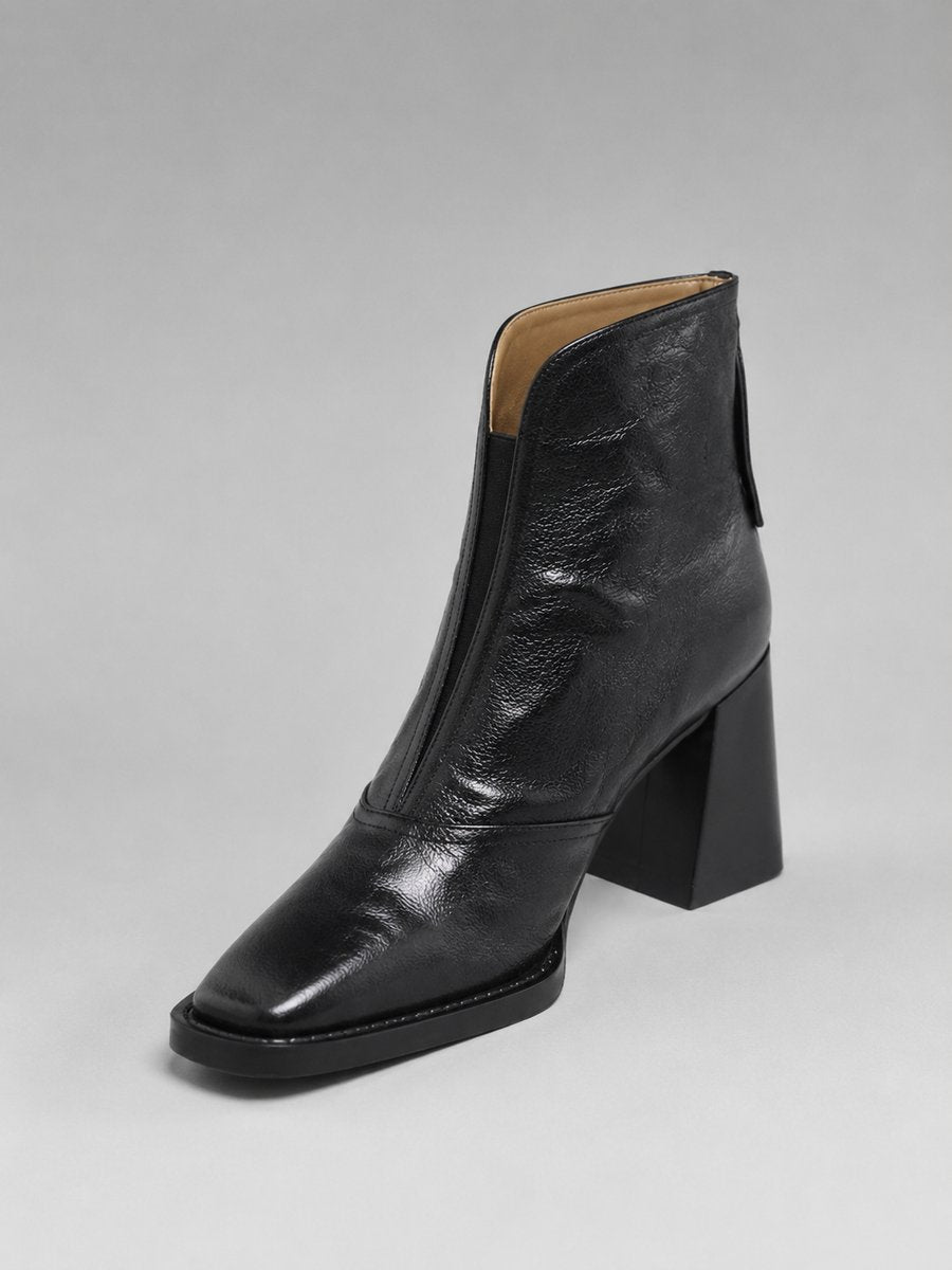 Women's Block Heel Ankle Boots with Square Toe | Crinkled Faux Leather Upper and Back Zip Entry | 2 Colors