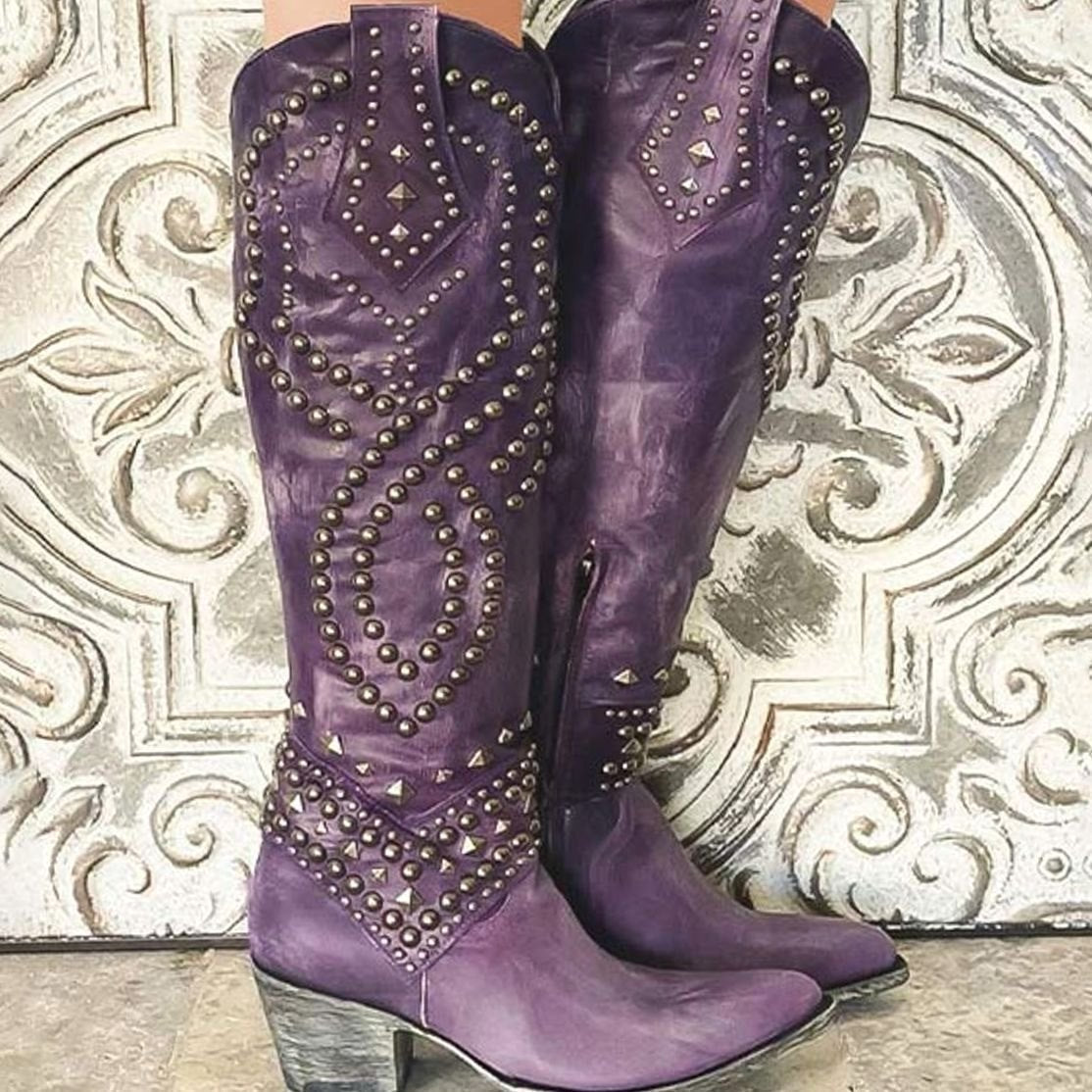 Women's Studded Cowboy Boots with a Tall Western Shaft | Pointed Toe, Chunky Block Heel | 5 Colors