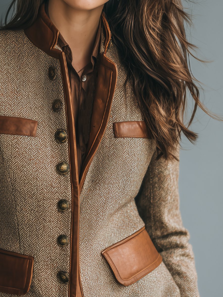 Women's Brown Herringbone Tweed Jacket with Faux Leather Trim | Fitted Fall Blazer Style with Brass Buttons and Pockets | Size XS-2XL