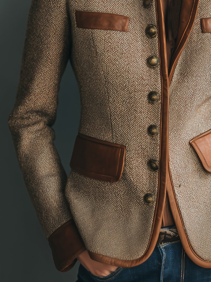 Women's Brown Herringbone Tweed Jacket with Faux Leather Trim | Fitted Fall Blazer Style with Brass Buttons and Pockets | Size XS-2XL