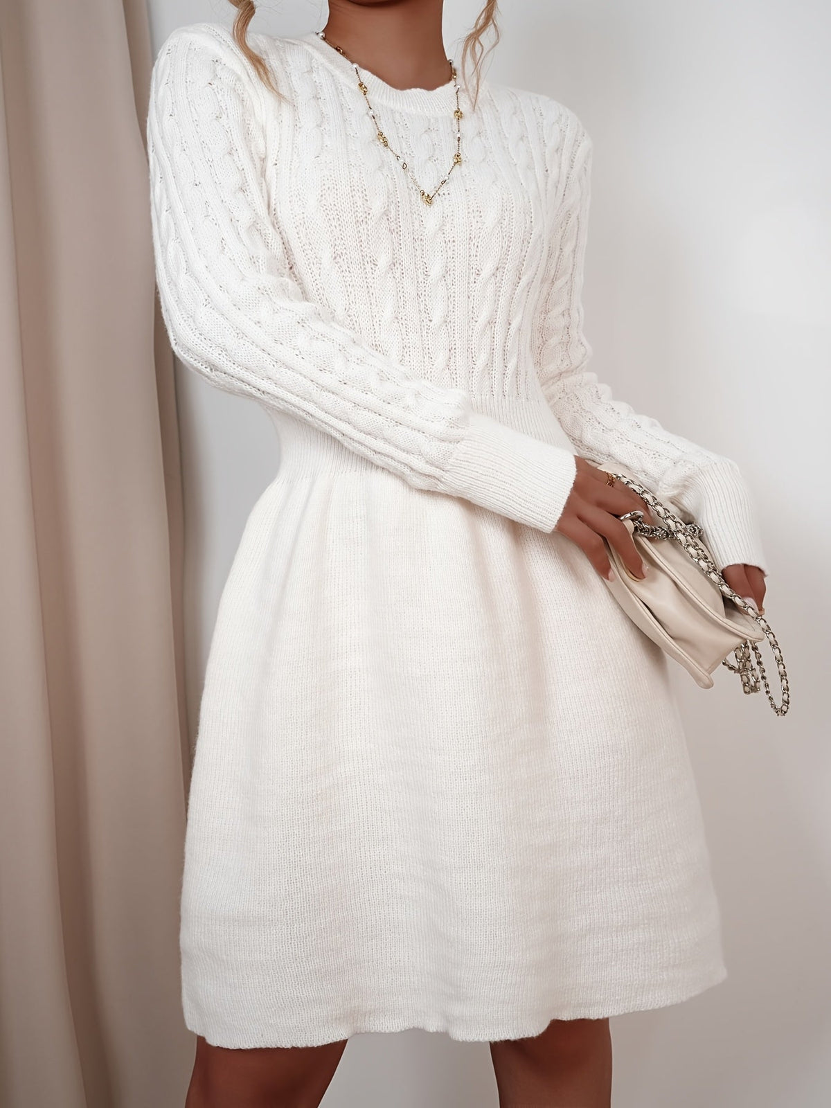 Women's Cable Knit A-Line Sweater Dress | Textured Bodice, Smocked Waist, Flared Mini Skirt, Long Sleeves | 4 Colors