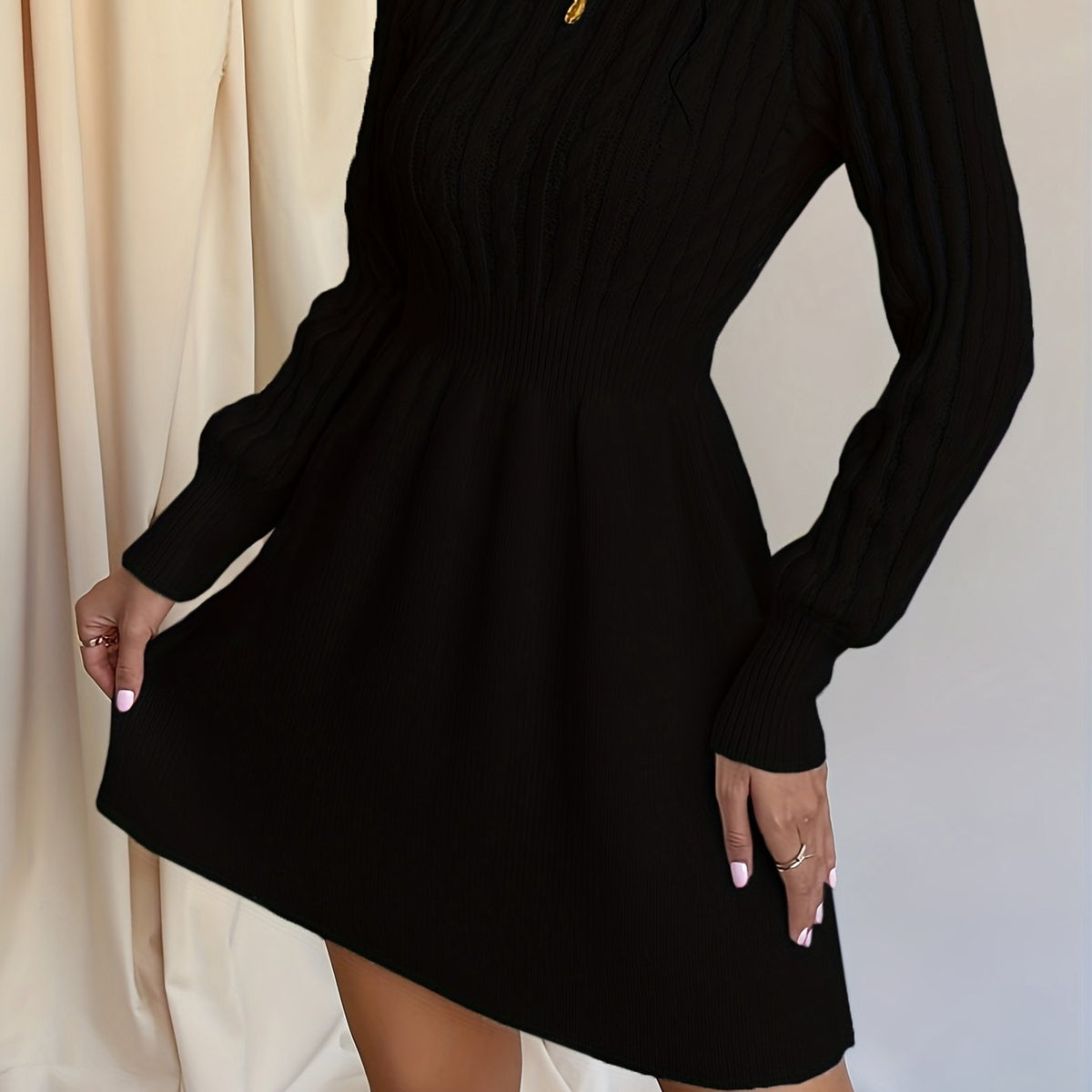Women's Cable Knit A-Line Sweater Dress | Textured Bodice, Smocked Waist, Flared Mini Skirt, Long Sleeves | 4 Colors