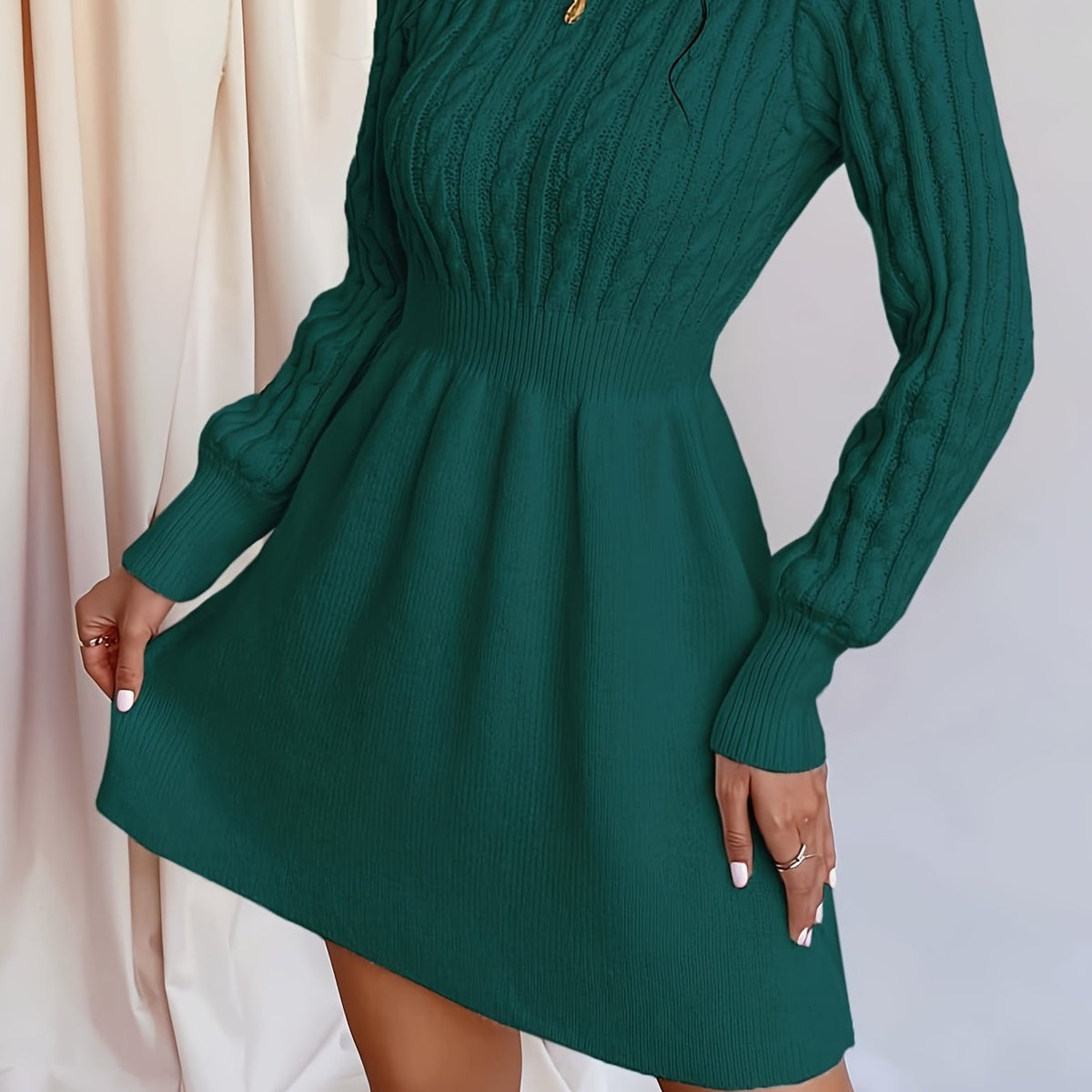 Women's Cable Knit A-Line Sweater Dress | Textured Bodice, Smocked Waist, Flared Mini Skirt, Long Sleeves | 4 Colors