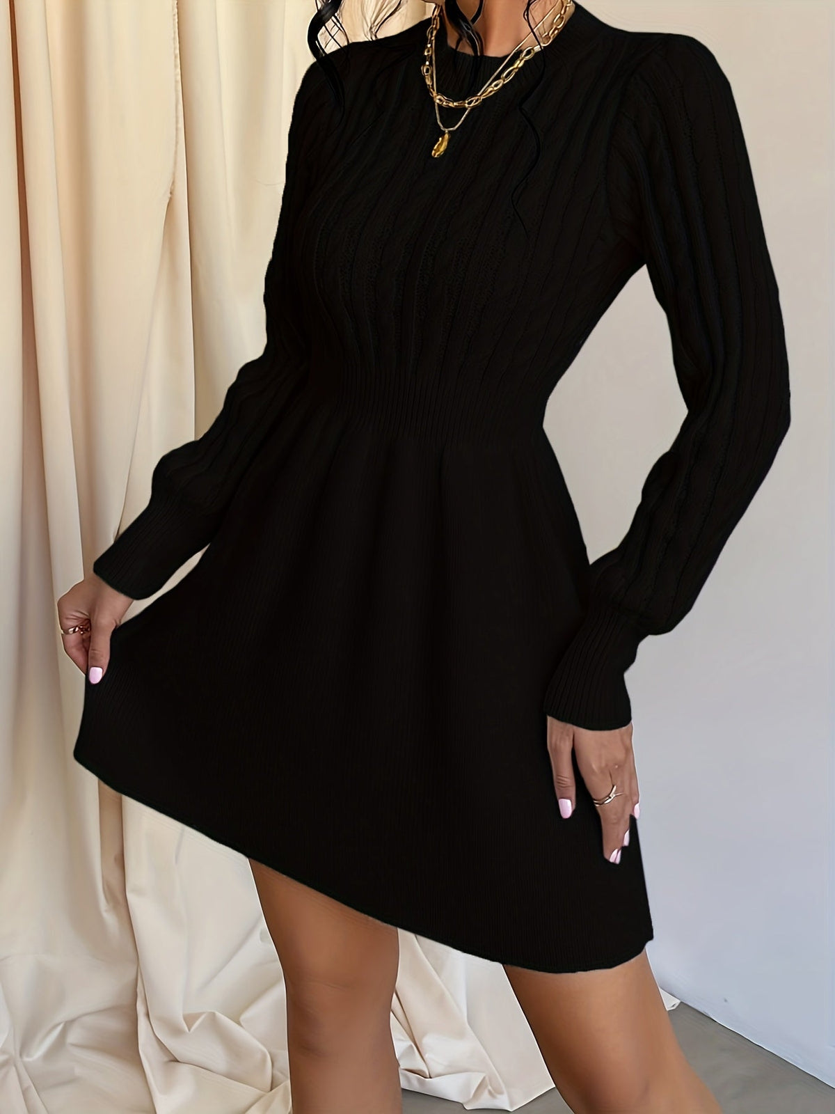 Women's Cable Knit A-Line Sweater Dress | Textured Bodice, Smocked Waist, Flared Mini Skirt, Long Sleeves | 4 Colors