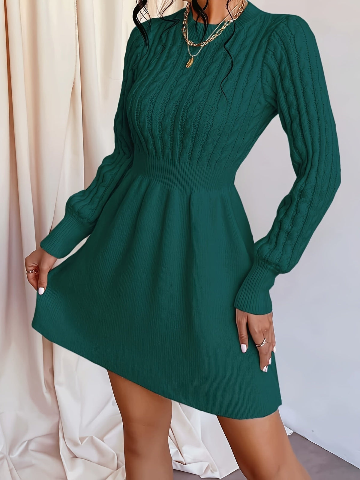 Women's Cable Knit A-Line Sweater Dress | Textured Bodice, Smocked Waist, Flared Mini Skirt, Long Sleeves | 4 Colors